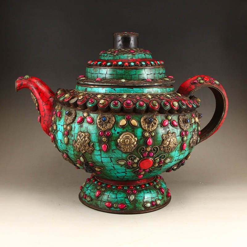 Tibetan Bronze Inlay Turquoise & Gems Big Teapot (1 of 14)
