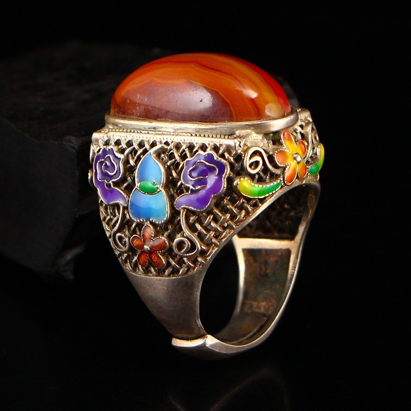 Vintage Chinese Sterling Silver Enamel Inlay Agate Ring (1 of 7)