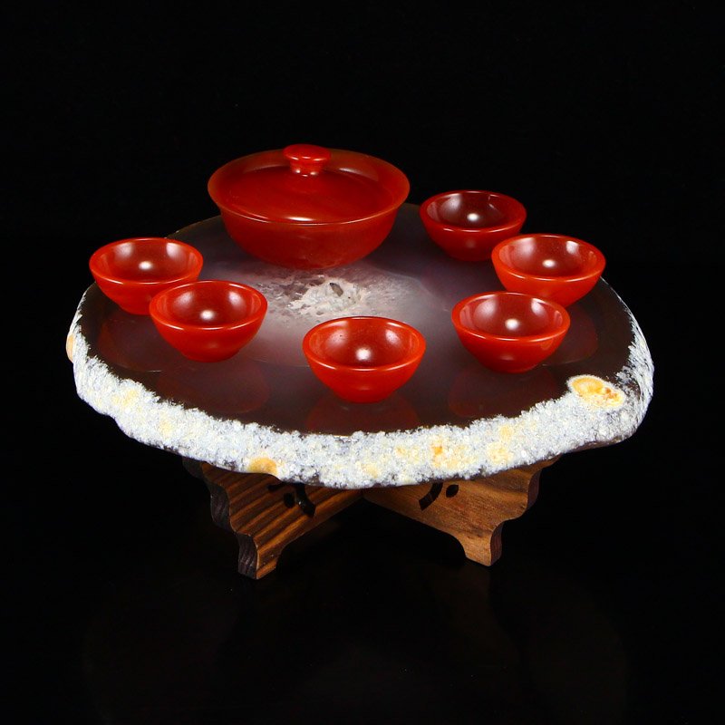 Red Agate Teabowl & Cups w Water Bile Agate Base (1 of 9)