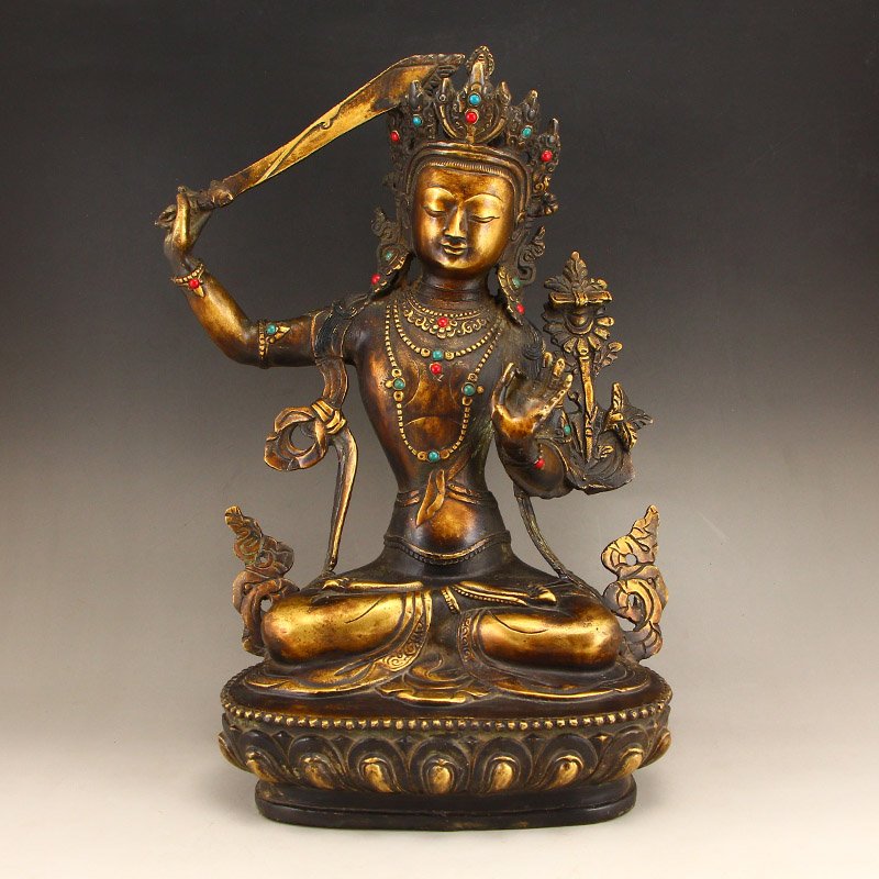 Tibetan Buddhism Brass Inlay Gems Manjusri Statue (1 of 8)