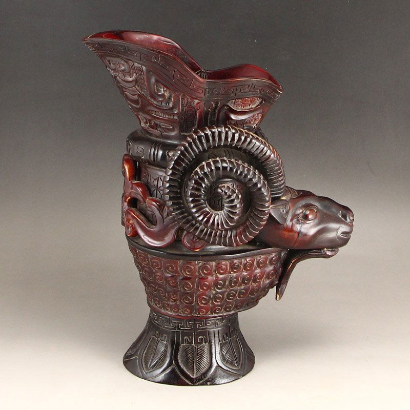 Chinese Qing Dynasty Ox Horn Sheep Head Cup (1 of 8)