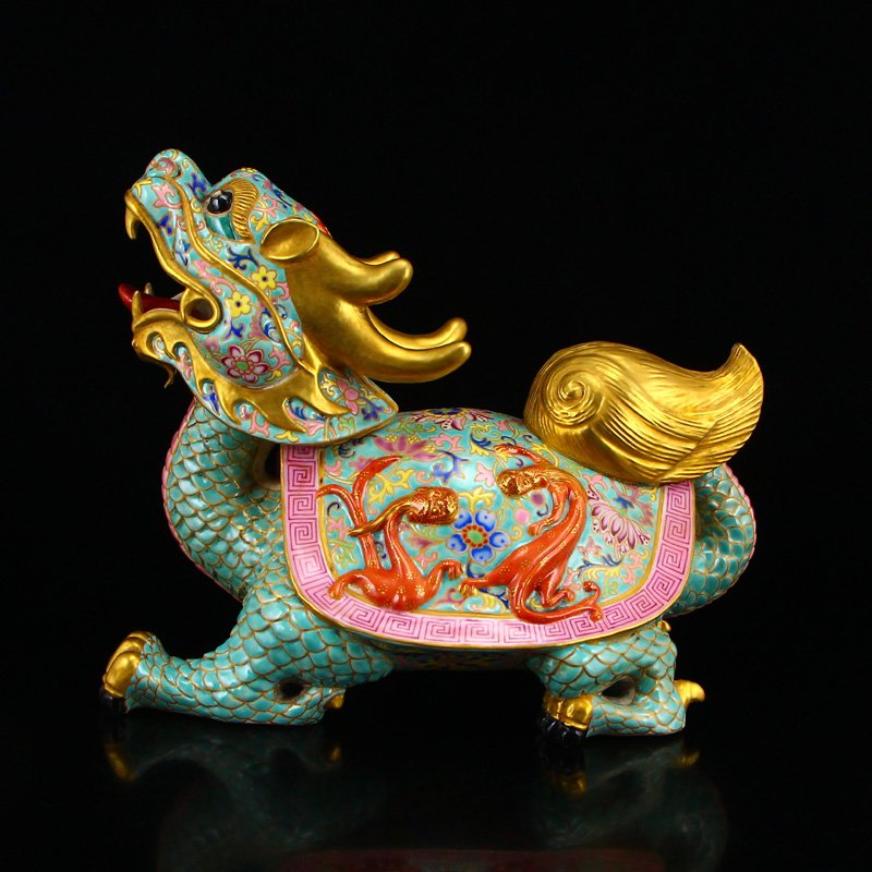 Gilt Gold Famille Rose Porcelain Dragon Turtle Statue (1 of 9)