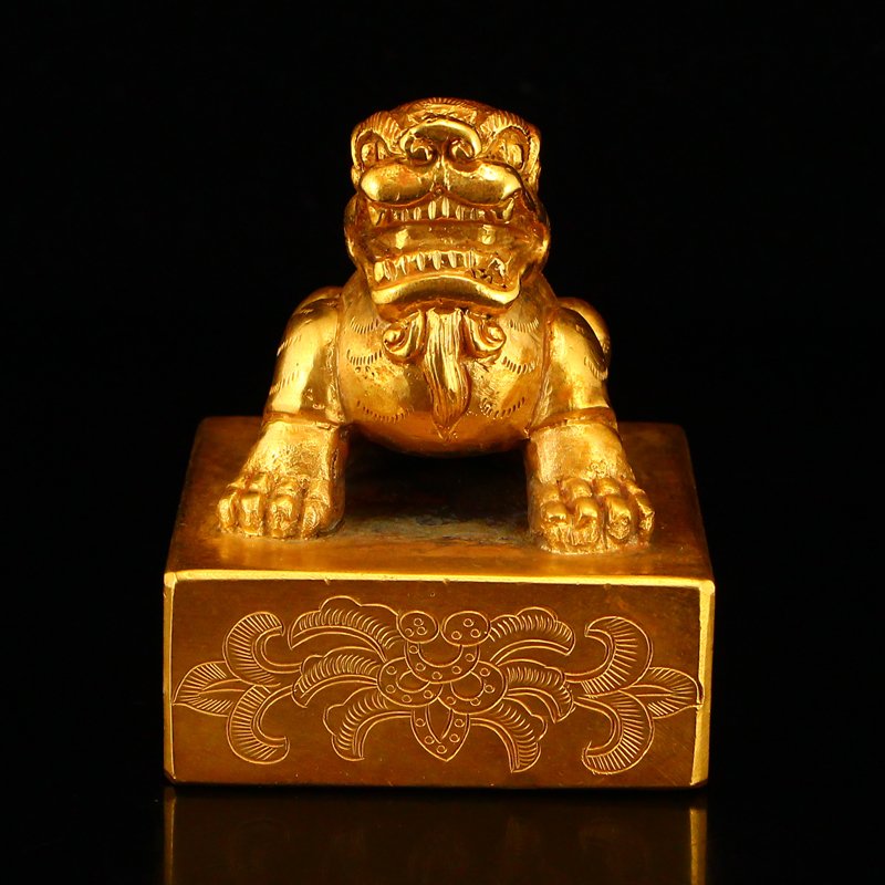 Chinese Liao Dy Gilt Gold Red Copper Seal - Lion (1 of 7)