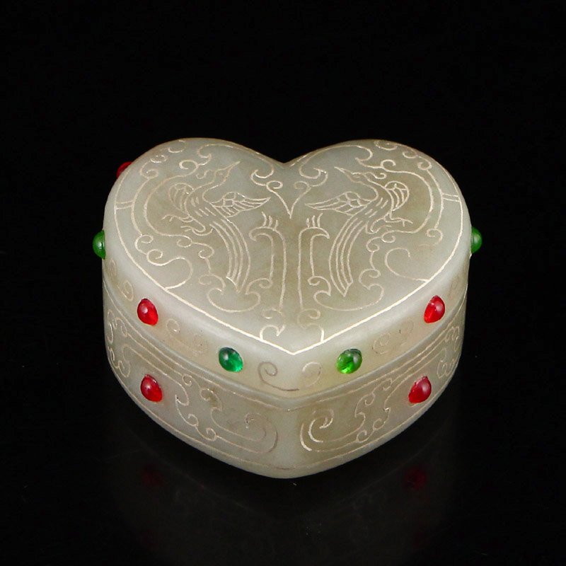 Chinese Hetian Jade Inlay Silver Wire & Gem Rouge Box (1 of 8)