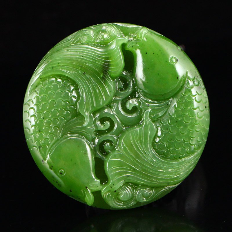 Chinese Natural Green Hetian Jade Double Fish Pendant (1 of 7)
