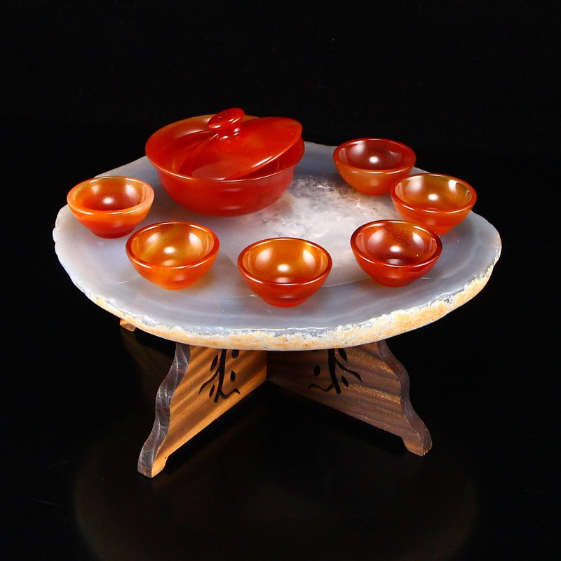 Chinese Red Agate Teabowl & Cup w Water Bile Agate Base (1 of 8)