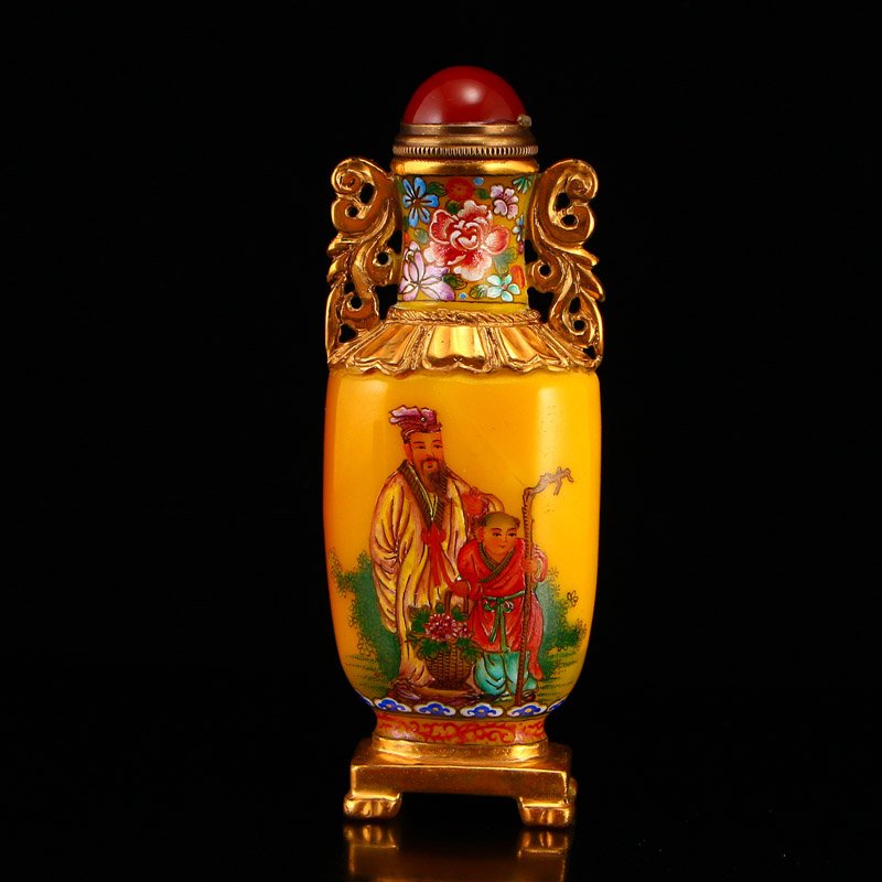 Gilt Gold Yellow Peking Glass Double Ears Snuff Bottle (1 of 10)