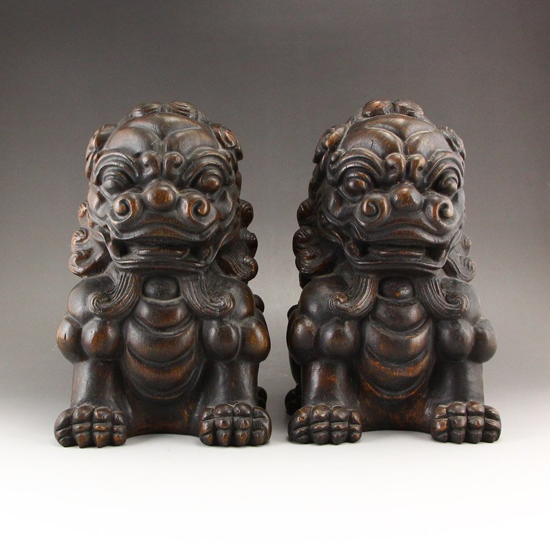 A Pair Vintage Chinese Chen Xiang Wood Lions Statue (1 of 7)
