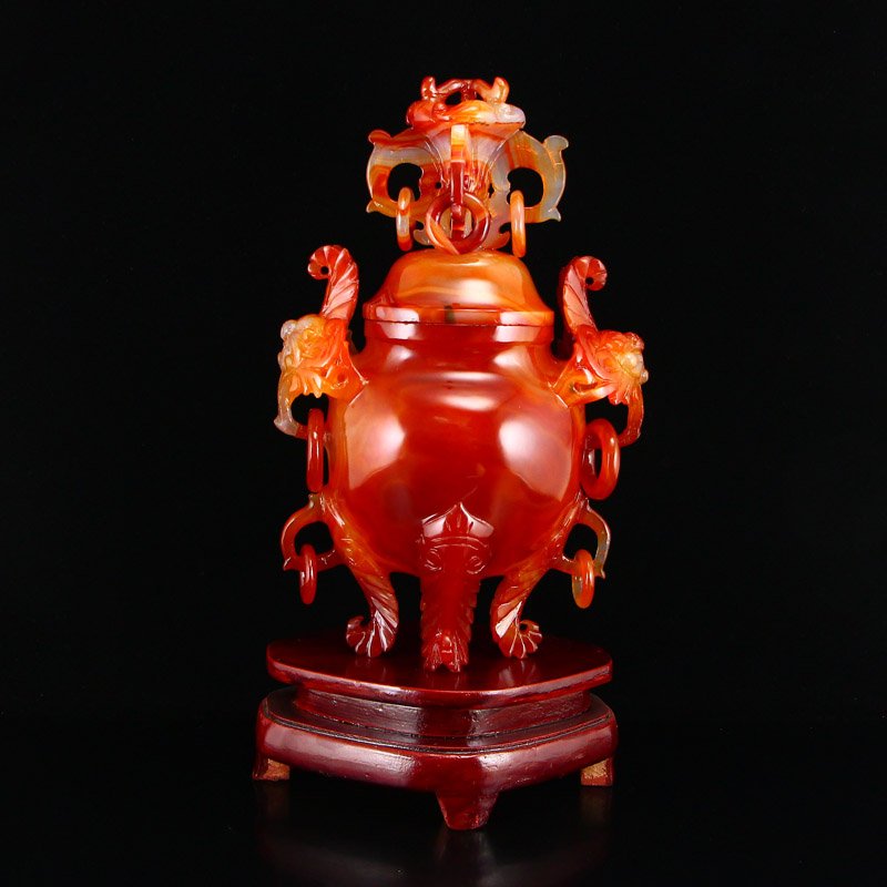 Beautiful Colour Chinese Natural Agate Incense Burner: 中国 天然玛瑙 精工浮雕 福寿绵绵 雙耳吊环香炉 Beautiful natural agate incense bur