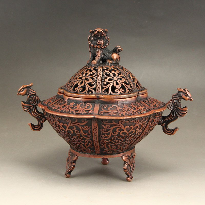 Openwork Chinese Red Copper Lucky Beasts Incense Burner (1 of 10)