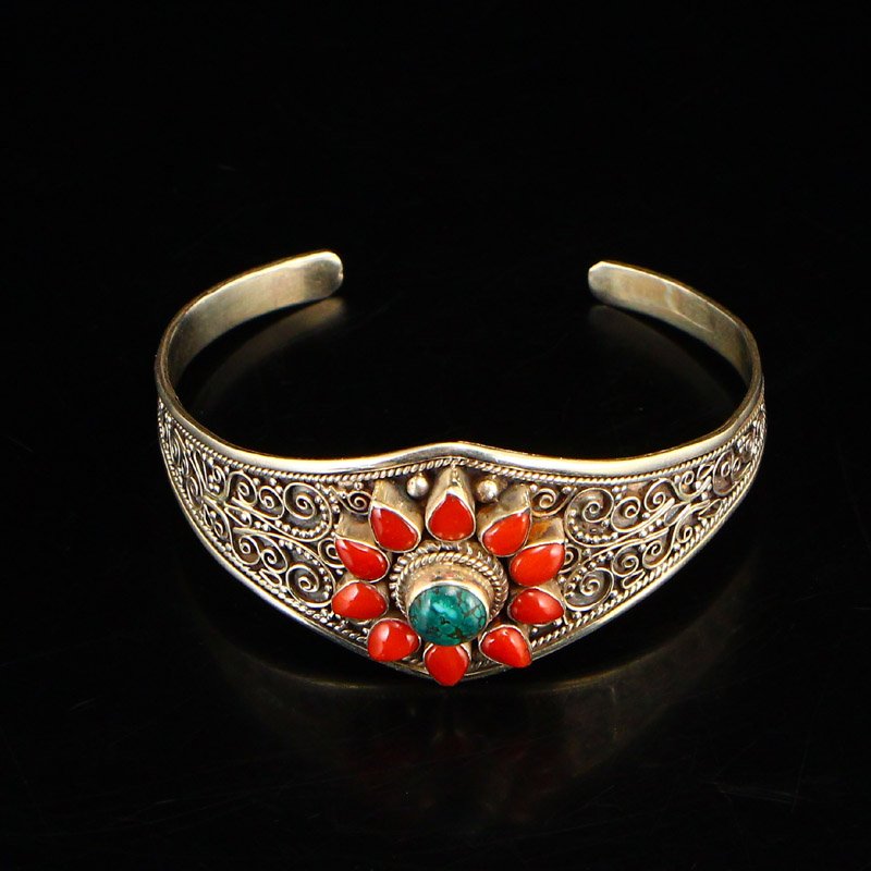 Sterling Silver Inlay Coral & Turquoise Bracelet (1 of 7)