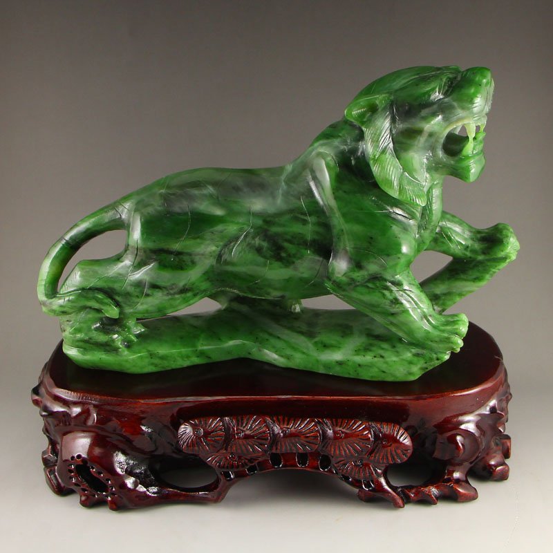 Chinese Natural Green Hetian Jade Statue - Tiger (1 of 8)