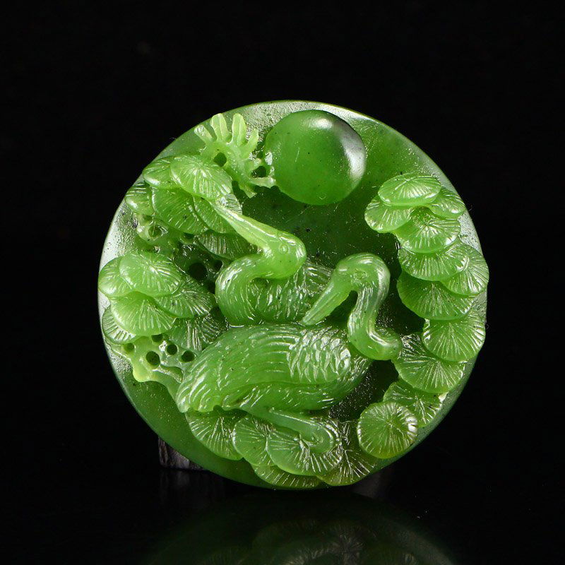Chinese Green Hetian Jade Pendant - Cranes & Pine Tree (1 of 7)