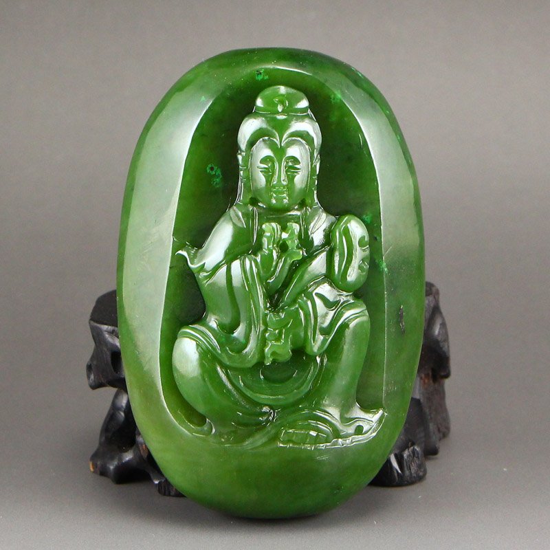 Chinese Natural Green Hetian Jade Ruyi Kwan-yin Pendant (1 of 8)