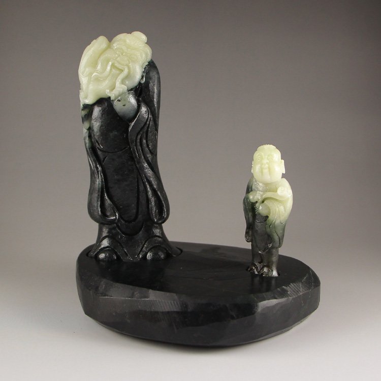 Chinese Dushan Jade Statue - Old Man & Fortune Kid: Chinese Natural Dushan Jade Statue - Old Man & Fortune Kid Dimension: 126 x 44 x 34(mm) 4.96 x 1.73 x 1.34(inches) Kid Dimension: 68 x 27 x 18(mm) 2.68 x 1.06 x 0.71(inches) Weight 2.44 lbs/1106 g