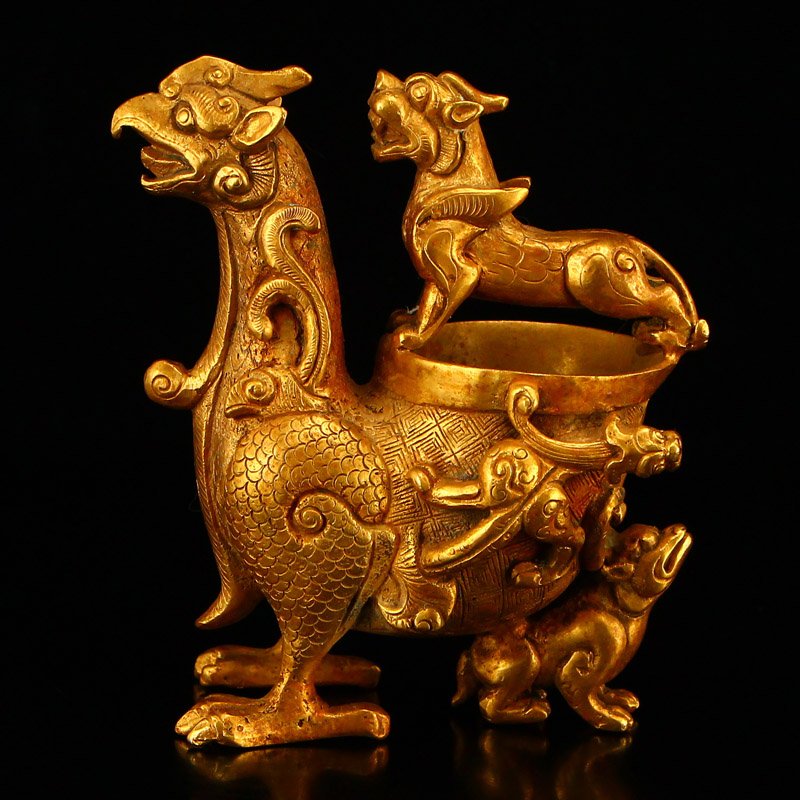 Gilt Gold Red Copper Chi Dragons & Phoenix Statue (1 of 10)