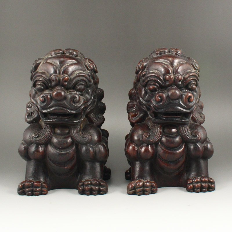 A Pair Vintage Chinese Chen Xiang Wood Lions Statue (1 of 6)