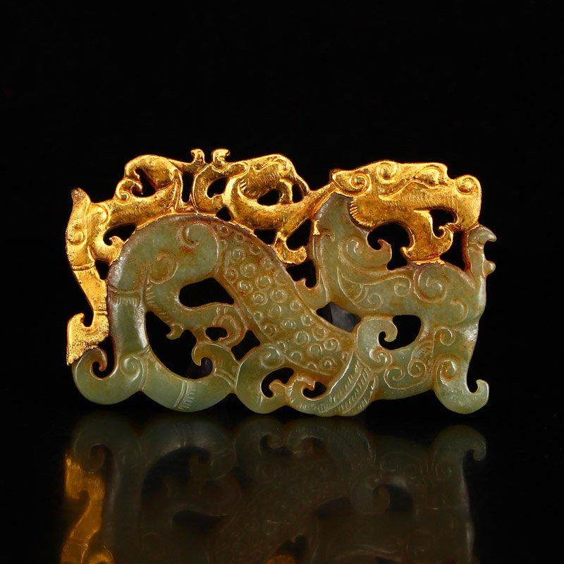 Vintage Gilt Gold Hetian Jade Dragon & Phoenix Pendant (1 of 6)