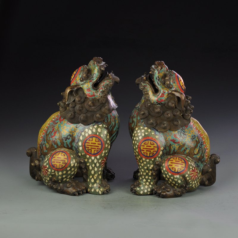A Pair Vintage Bronze Cloisonne Lion Incense Burners (1 of 8)