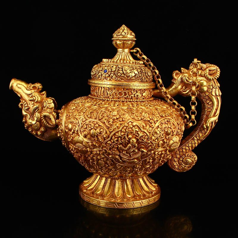Tibetan Silver Gilt Gold Low Relief Big Teapot (1 of 13)