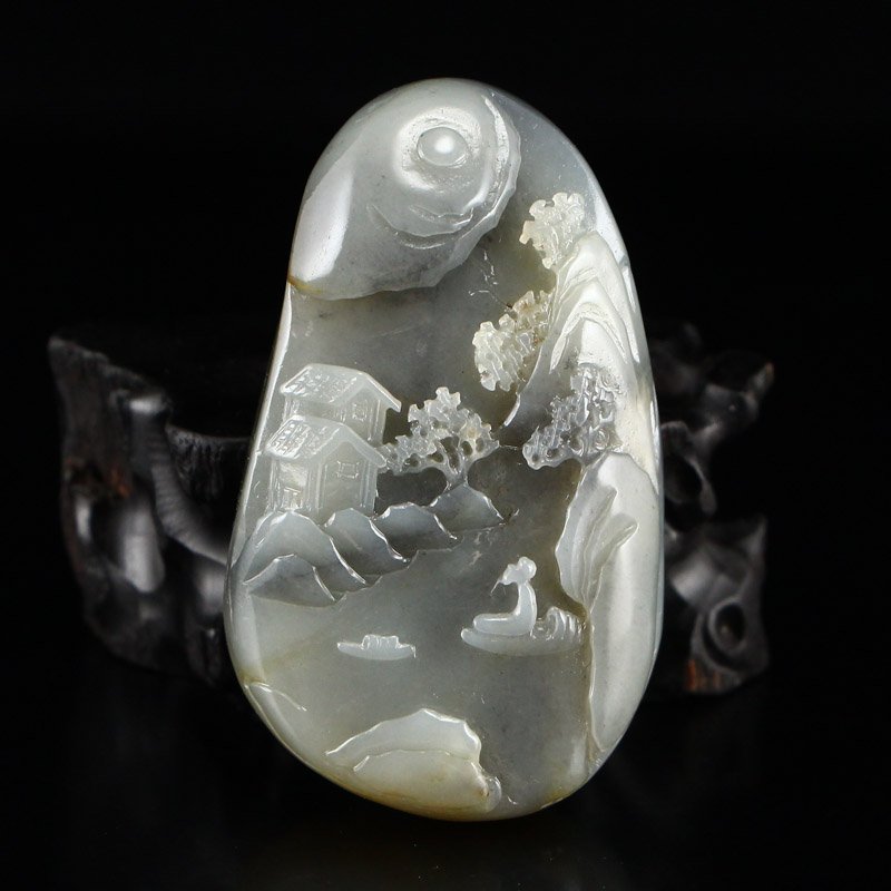 Natural Hetian Jade Poet & Mountain River Scene Pendant: Chinese Natural Hetian Jade Poet & Mountain River Scene Pendant w Certificate Dimension: 21 x 41 x 69 (mm) 0.83 x 1.61 x 2.72 (inches) Weight 0.21 lbs/97 g The wooden stand no included.