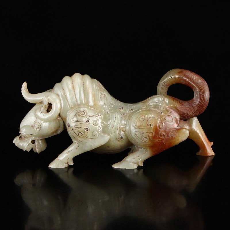 Vintage Chinese Hetian Jade Fortune Ox Statue