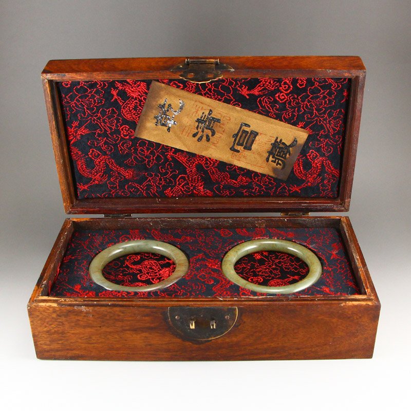 A Pair Qing Dy Hetian Jade Bracelet w Zitan Wood Box (1 of 8)