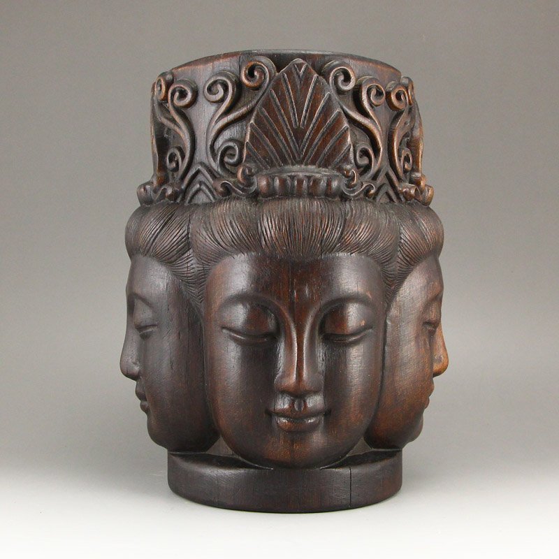 Vintage Chinese Chen Xiang Wood Kwan-yin Heads Statue (1 of 8)