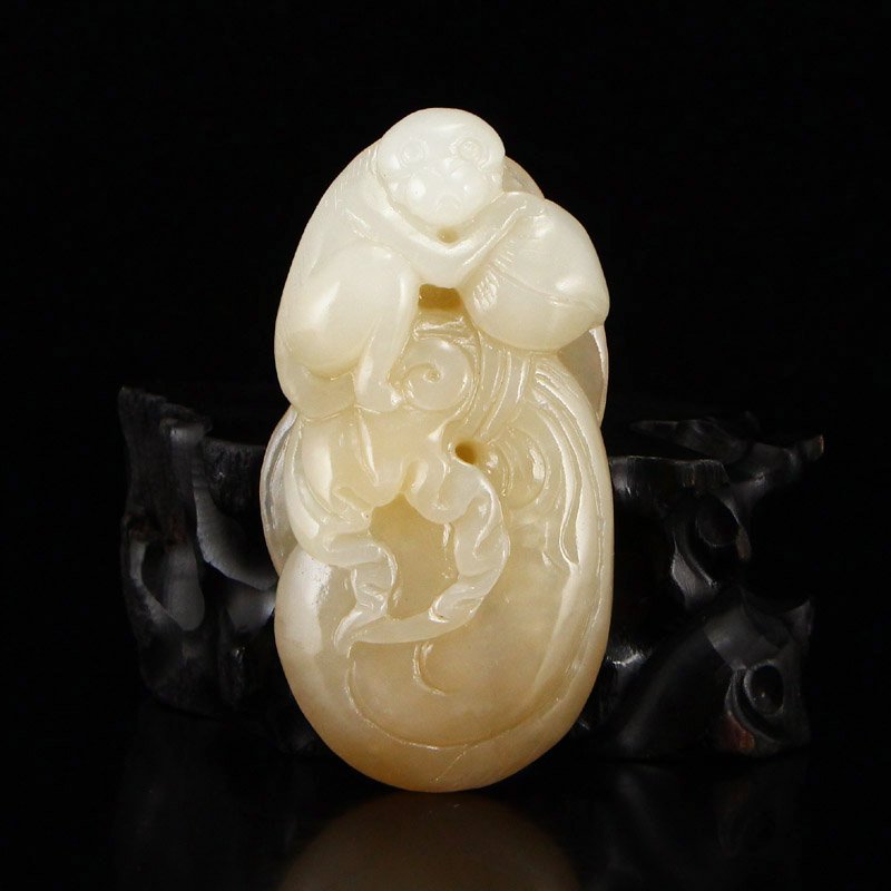 Chinese Hetian Jade Fortune Monkey & Peach Pendant (1 of 6)