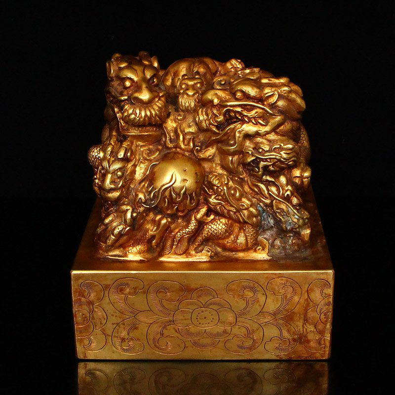 Chinese Ming Dy Gilt Gold Red Copper Nine Dragons Seal (1 of 8)
