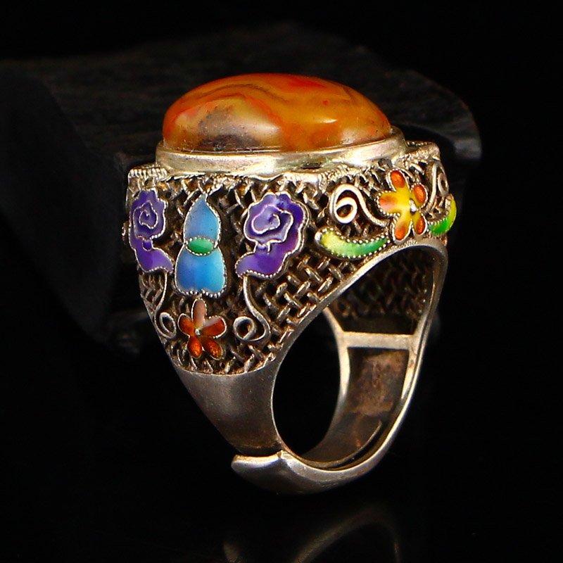 Vintage Chinese Sterling Silver Enamel Inlay Agate Ring (1 of 7)