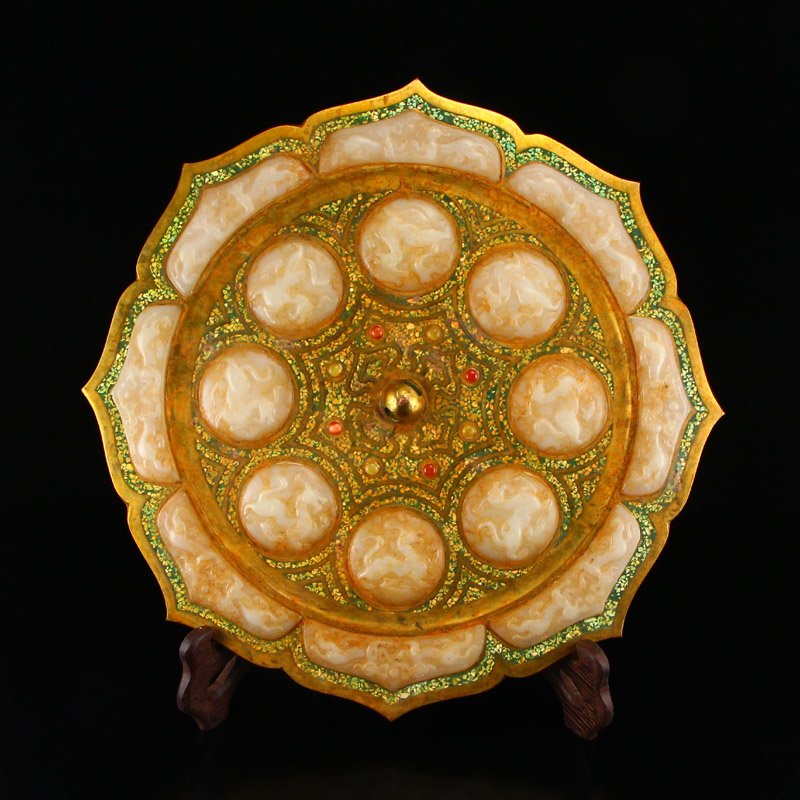 Gilt Gold Bronze Inlay Hetian Jade & Gems Mirror (1 of 9)
