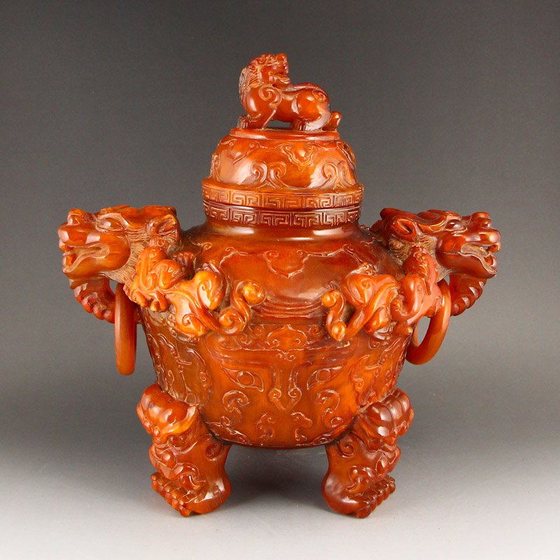 Chinese Ming Dy Ox Horn Fortune Beasts Incense Burner: 中國明代 精工浮雕螭龍 饕餮紋 雙獸耳吊環 叁足香爐 Ming dynasty ox hor