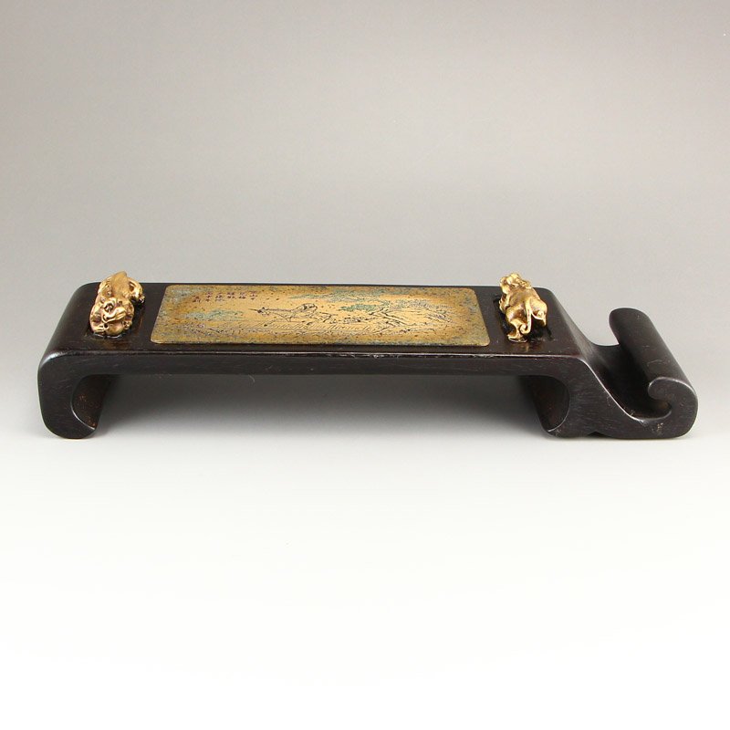 Chinese Zitan Wood Inlay Brass Plaque Ink Rest (1 of 11)