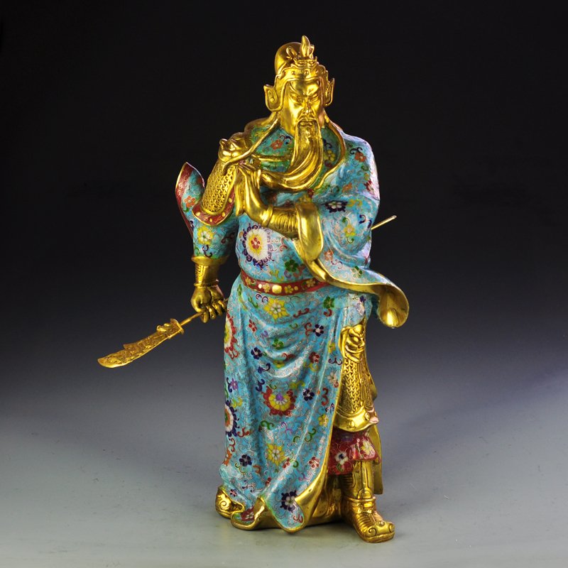 Chinese Gilt Gold Bronze Cloisonne Guan Gong Statue (1 of 9)