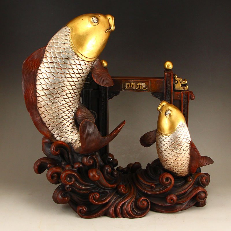 Vintage Gilt Gold Red Copper Statue - Fortune Fish (1 of 9)
