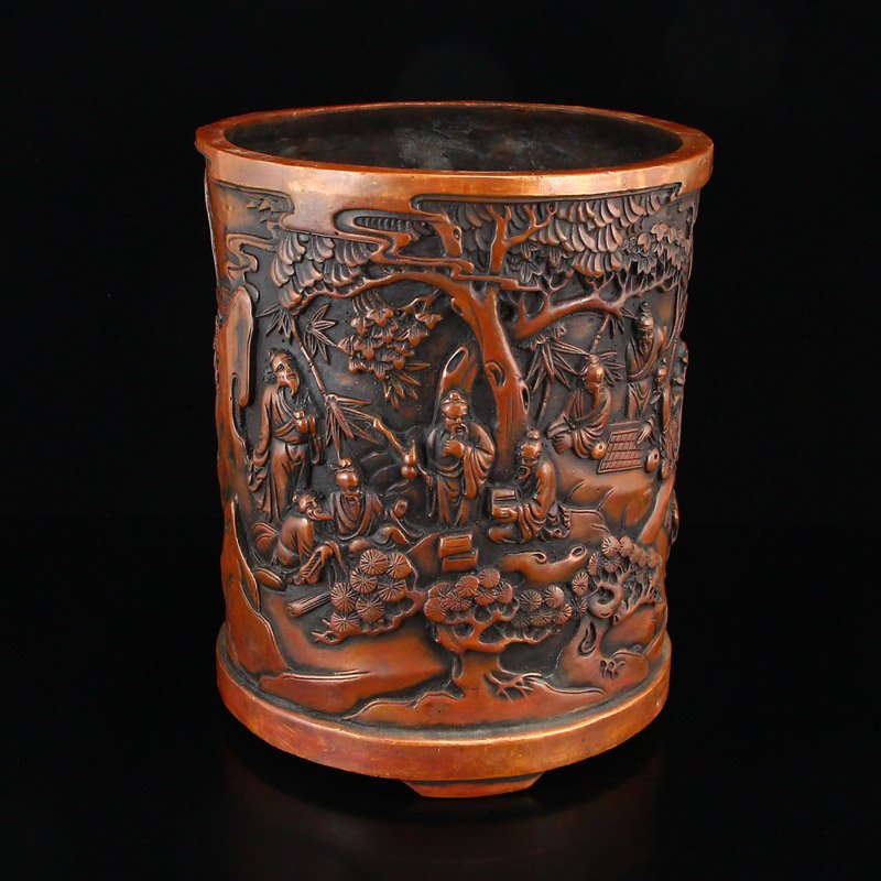 Red Copper Low Relief Figure & Pine Tree Brush Pot (1 of 10)