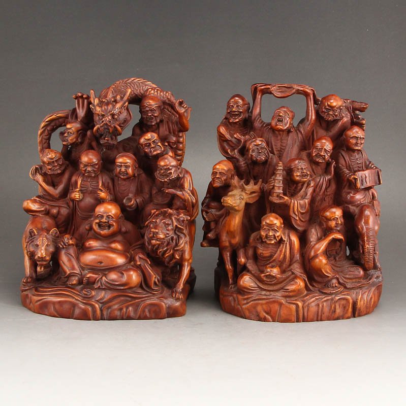 Vintage Boxwood Wood Statues - Buddhism Eighteen Arhats (1 of 12)