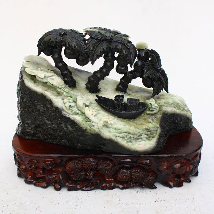 15 kg Chinese Dushan Jade Statue - Coconut Tree & Boat: 15 kg Chinese Natural Dushan Jade Statue - Coconut Tree & Boat Dimension: 420 x 250 x 160(mm) 16.54 x 9.84 x 6.30(inches) Weight 33.07 lbs/15 kg The total weight does not include the base. The base is