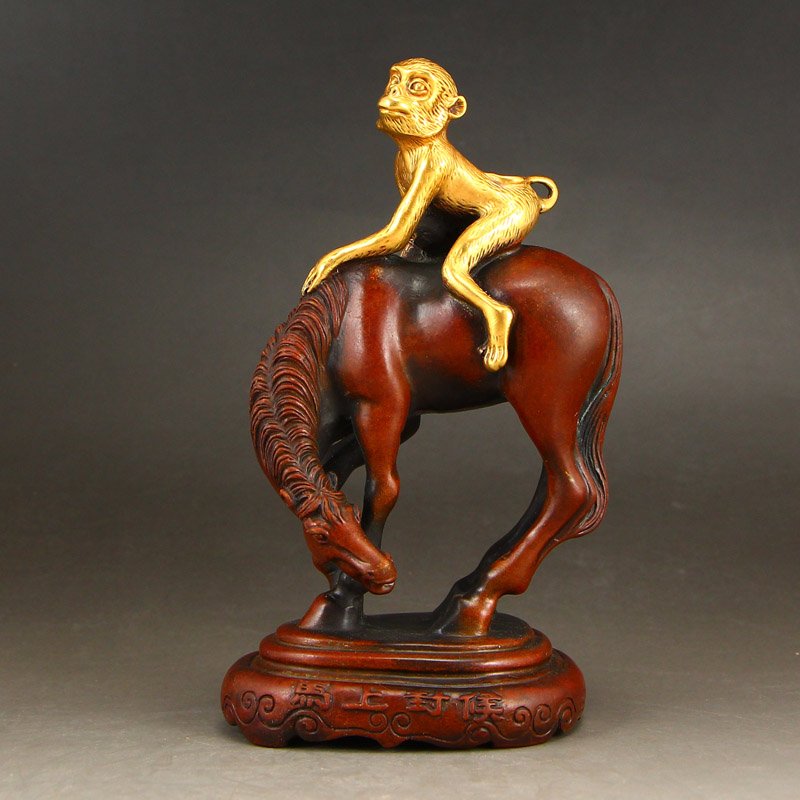 Chinese Gilt Gold Red Copper Statue - Horse & Monkey (1 of 7)