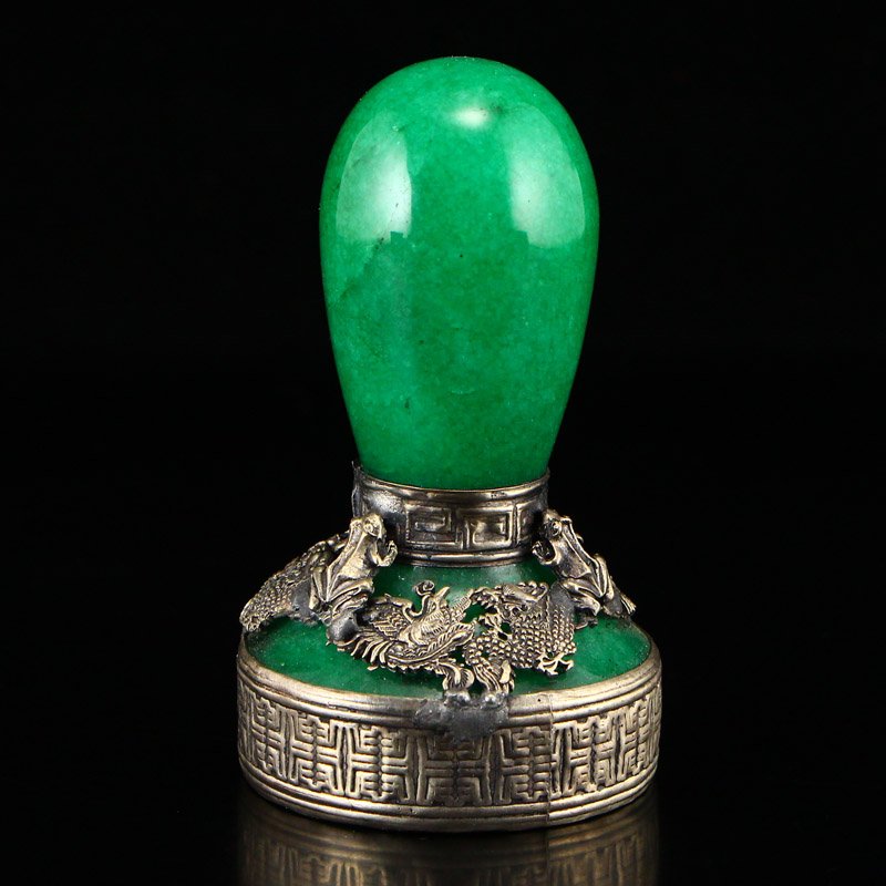 Silver Inlay Jadeite Dragons Phoenixes & Frogs Seal (1 of 7)