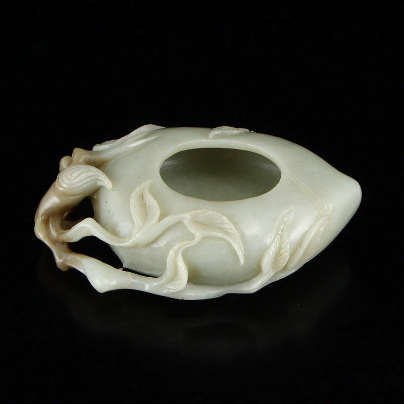 Vintage Chinese Hetian Jade Brush Washer w Leaf & Bat (1 of 7)