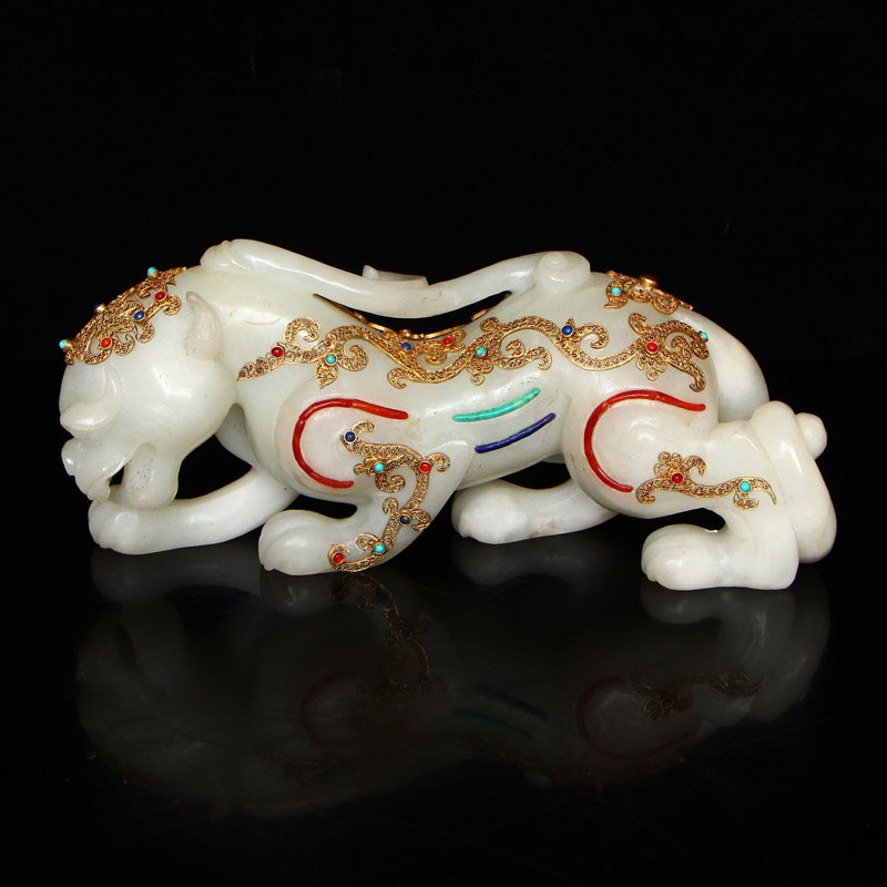 Hetian Jade Inlay Gold Wire & Gems Fortune Beast Statue (1 of 9)