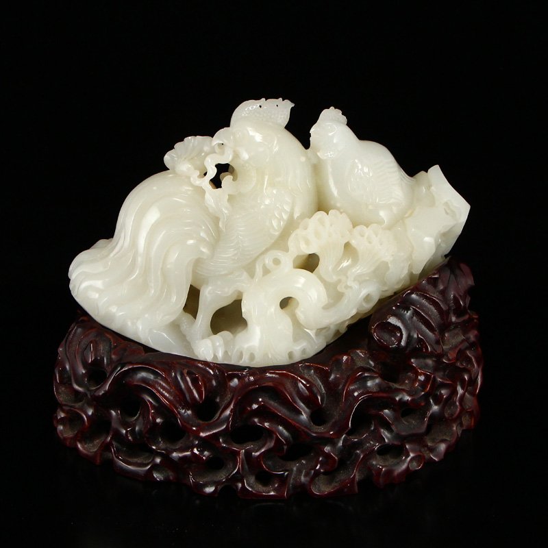 Superb Hetian Jade Statue - Roosters & Cockscomb Flower (1 of 9)