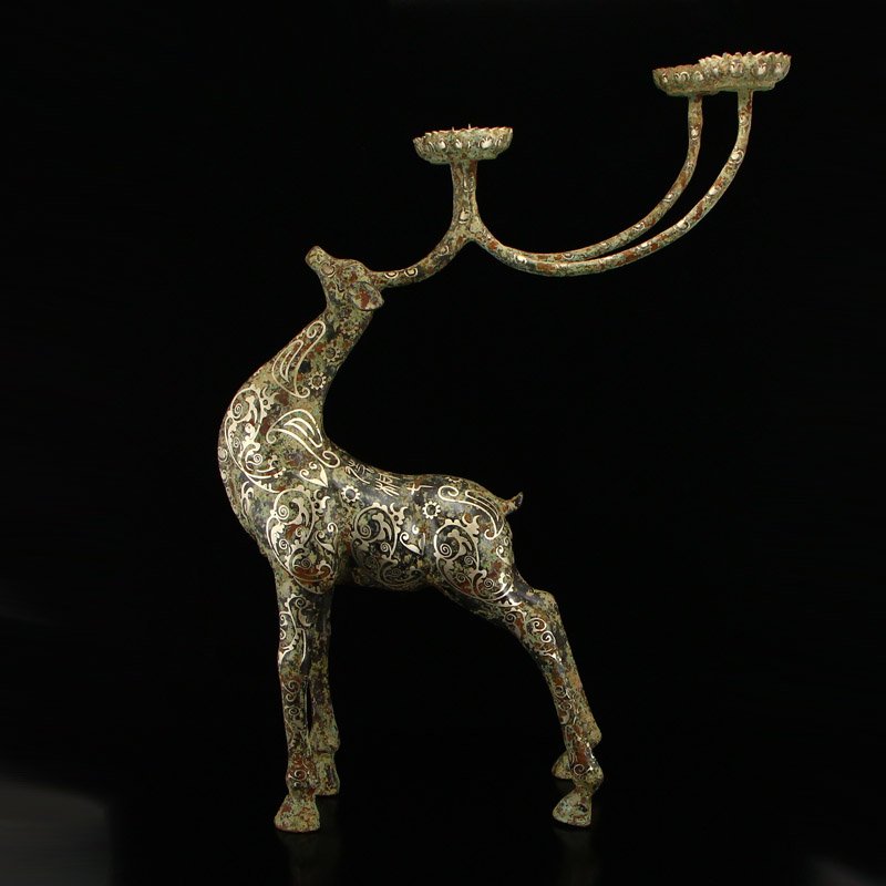 Vintage Bronze Inlay Silver Wire Deer Candlesticks (1 of 11)
