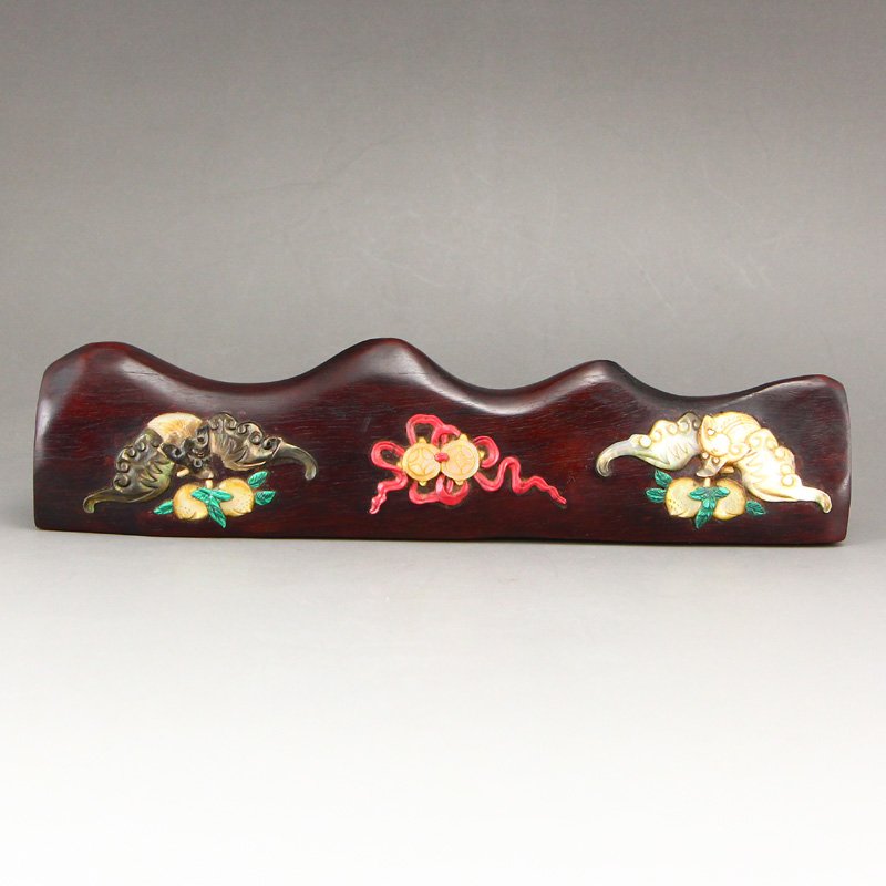 Vintage Chinese Zitan Wood Inlay Shells Brush Pen Shelf (1 of 8)