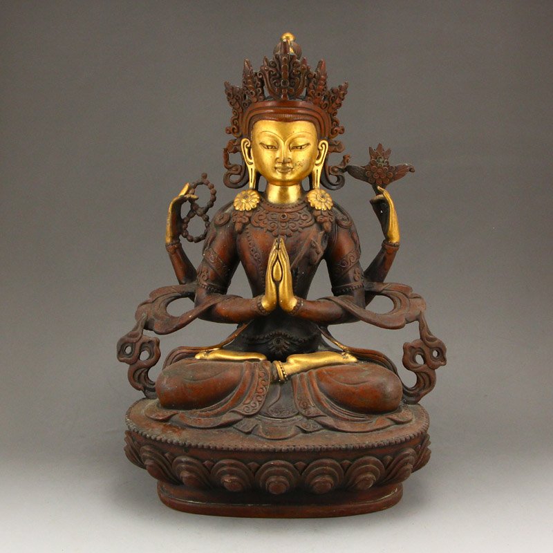Vintage Gilt Gold Red Copper Four Arms Kwan-yin Statue (1 of 8)
