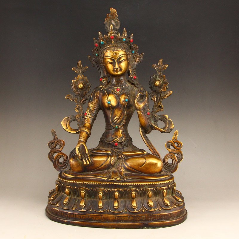 Tibetan Buddhism Brass Inlay Gems Tara Statue (1 of 7)