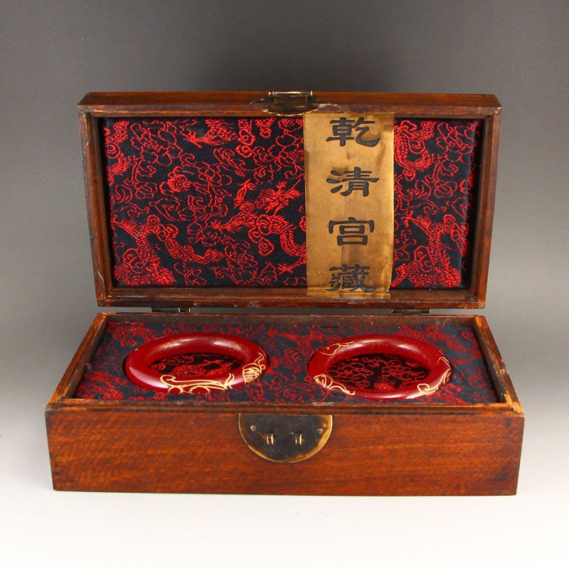 A Pair Gilt Gold Red Jade Bracelets w Zitan Wood Box (1 of 10)