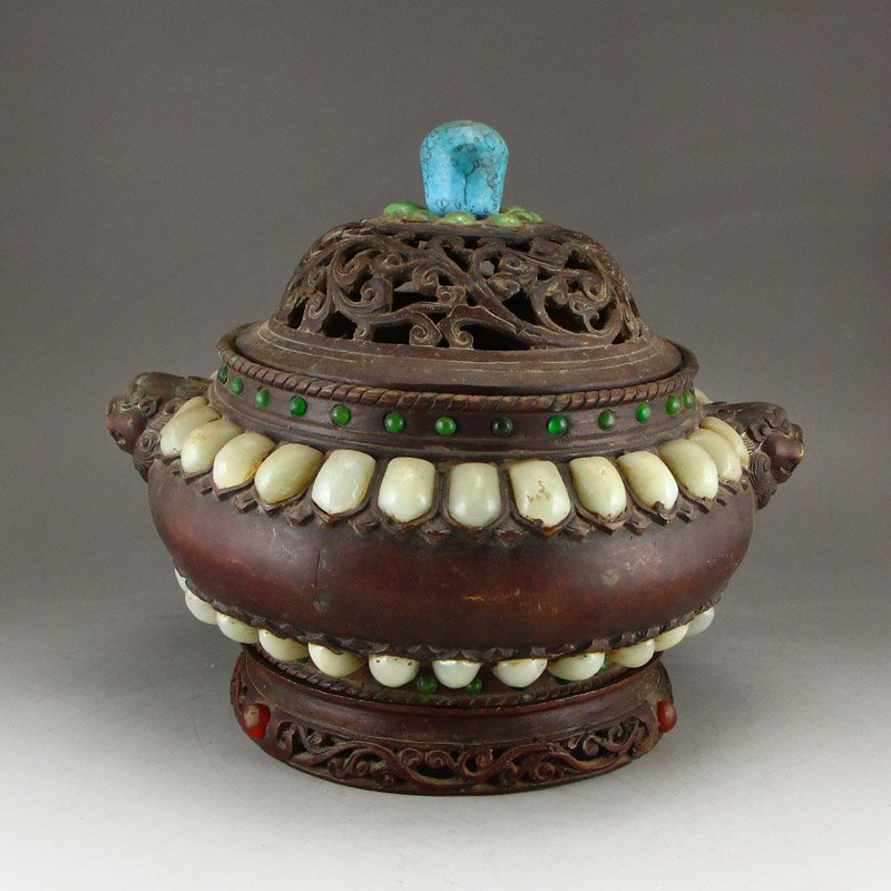 Openwork Red Copper Inlay Jade & Gems Incense Burner (1 of 10)
